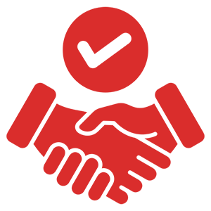 Red handshake with checkmark on black background.