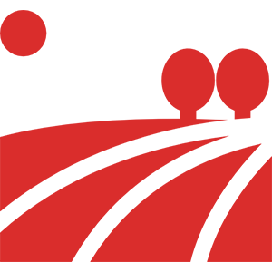 Red landscape with moon and two trees.