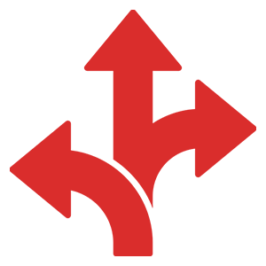 Red three-way directional arrows on black background.