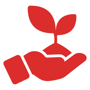 Red hand holding a sprouting plant.