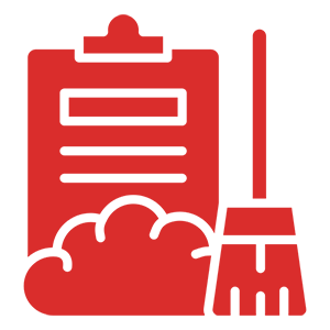 Red clipboard and broom cleaning icon.
