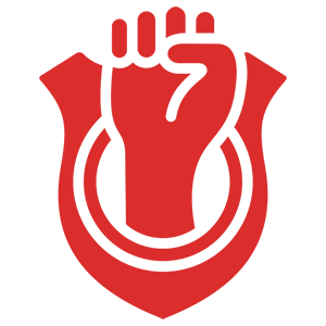 Red fist emblem on black background.