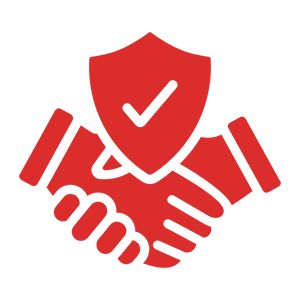 Red handshake with shield and checkmark.
